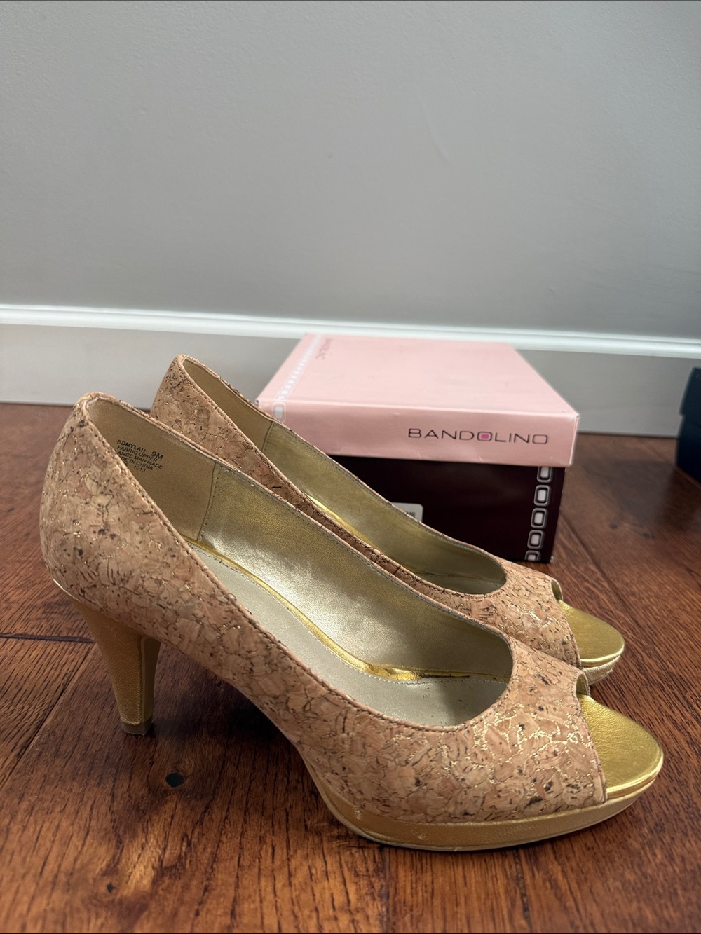 Bandolino Cork Peep-Toe Heels in Natural Cork and Gold